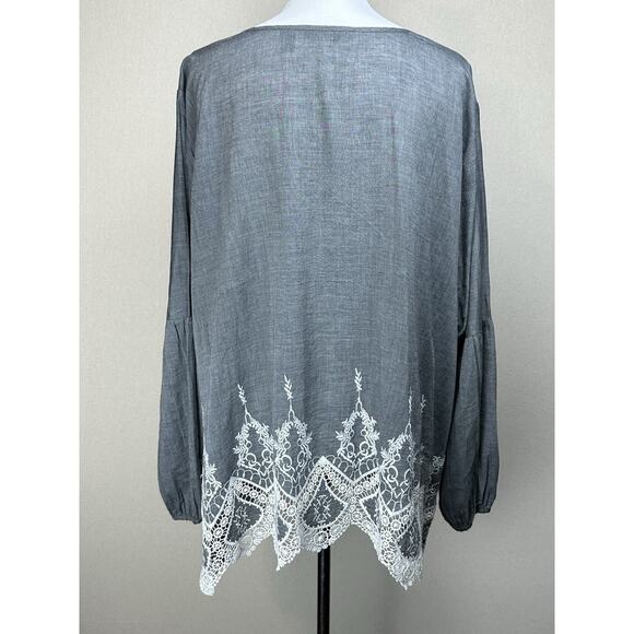 Du Jour Women’s 2XL Gray Peasant Blouse Embroidered Tasseled Cotton - Picture 6 of 14